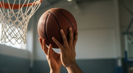 Someone is holding a basketball in their hand and reaching for it