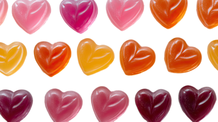 Heart shaped caramel and colorful hard candies arranged in a sweet romantic candy display valentines symbol on transparent background