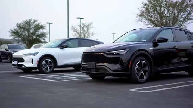Expansive outdoor asphalt parking lot with a fleet of gleaming, contemporary sedans, SUVs, and EVs parked in perfect rows under soft diffused daylight. Modern fleet management concept