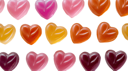 Heart shaped caramel and colorful hard candies arranged in a sweet romantic candy display valentines symbol on transparent background