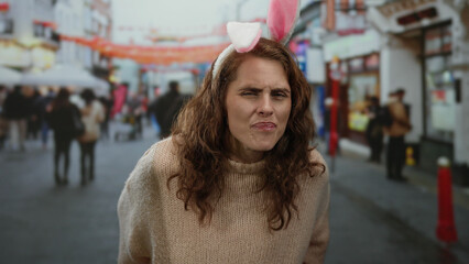 Woman in bunny ears on city street grimacing, wearing sweater, standing outdoors, surrounded by...