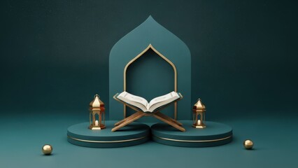 Elegant Islamic book display with lanterns on teal background