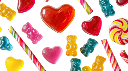 Heart-shaped gummy bears colorful lollipops and candy canes arranged as sweet romantic valentines candy display on transparent background