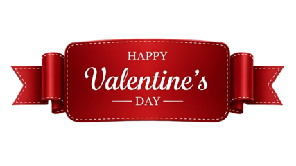 Red valentine s day ribbon badge with happy valentine s day text on transparent background