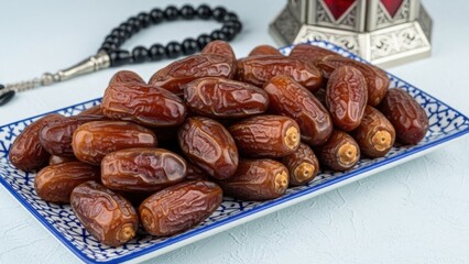 Dates on decorative plate with prayer beads and lantern