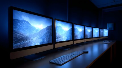 Fototapeta premium A modern workstation with multiple computer monitors displaying blue mountain landscapes