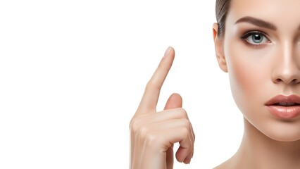 Beautiful Woman's Face and Hand Pointing Upwards for Skincare Focus