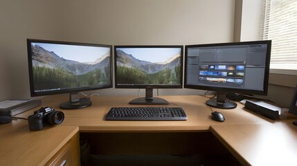 Naklejka premium A modern office desk setup features a triple monitor display for productivity with a and keyboard
