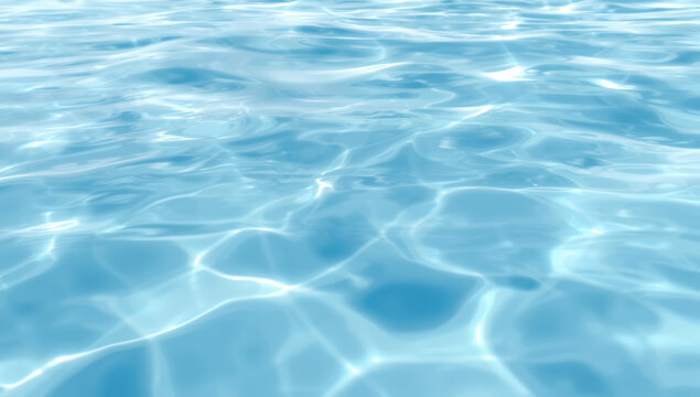 Sparkling clear water surface with sunlight reflections, calm blue pool texture, refreshing mood