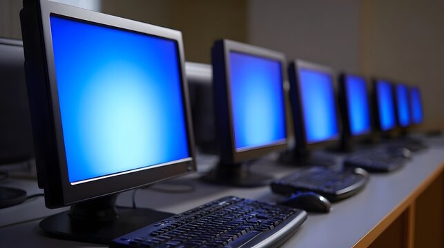 A row of computer monitors with bright blue screens in a dimly lit technology setting