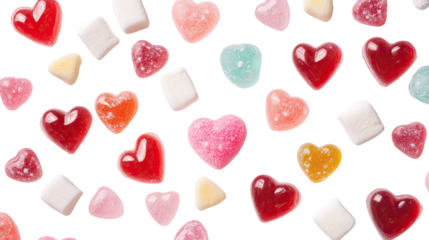 Heart shaped hard candy fluffy marshmallows and sour candies arranged as sweet romantic valentines treat on transparent background