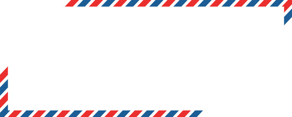 Obraz premium Airmail envelope frame with blue and red stripes on white background. International vintage letter border. Retro air mail postcard. Blank envelope.