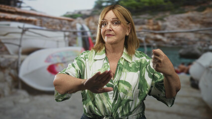 Middle aged woman wearing glasses and tropical shirt with palms out making stop gesture beside boats and kayak in studio; assertion calm.