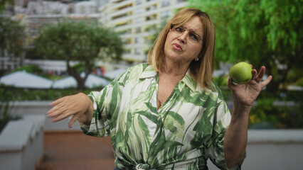 Woman holding a green apple in her right hand while gesturing with left hand on a building terrace,...