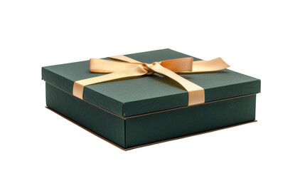 Green gift box with a golden ribbon isolated on a white background showing slight shadows