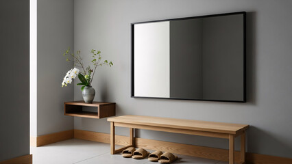 Modern Japandi-style entryway with a wooden bench, neutral wall, slippers, floating shelf with orchid vase, and large rectangular mirror.