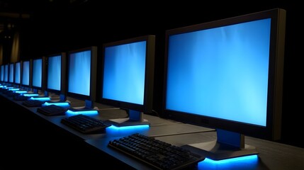 Fototapeta premium Majestic row of futuristic computer monitors with vibrant blue screens and ambient glow