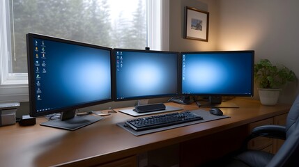 Naklejka premium A modern home office setup features a triple monitor workstation illuminated by natural light from a window with an outdoor view