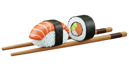 Salmon Sushi and Maki Roll on Chopsticks