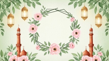 Beautiful Islamic Ramadan background with mosque and floral wreath