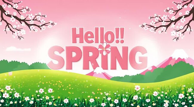 Hello Spring Greeting with Flowers and Mountain Illustration