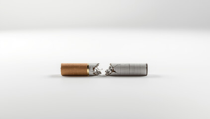 Obraz premium Broken cigarette split half white background, anti smoking concept, stark minimal composition