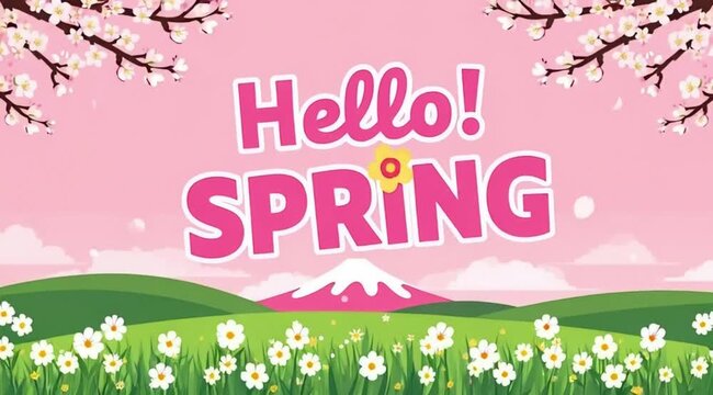 Hello Spring Greeting with Flowers and Mountain Illustration