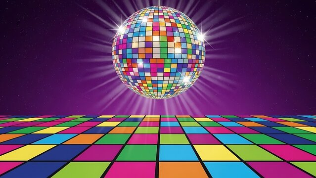 ​Colorful Rainbow Disco Ball with Sparkling Light Rays Above Vibrant Checkered Dance Floor