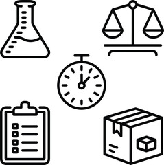 Minimal production icons beaker for measuring, scale for weighing, timer for curing, checklist for batch log