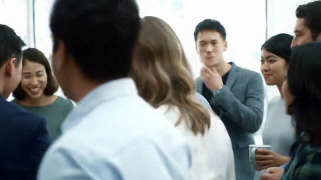 Diverse business professionals in business-casual attire in a modern co-working space, collaborating, exchanging empathetic smiles and gestures with soft lighting, concept of inclusive team harmony