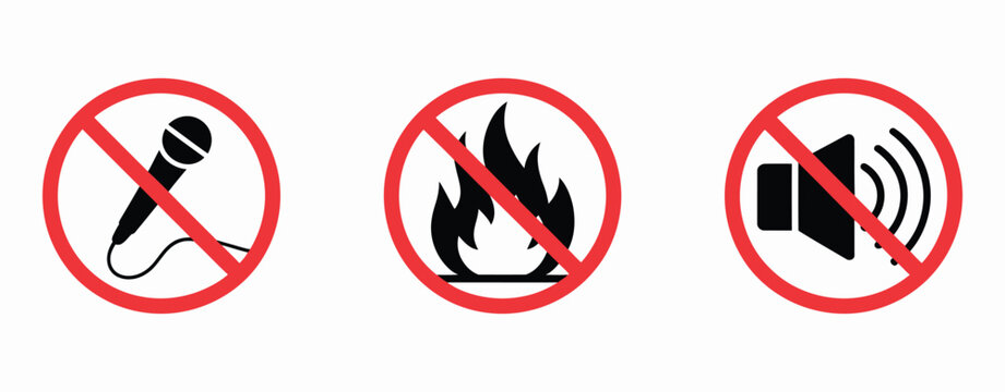 No fire flame sign icon, fire symbol, stop fire, escape from fire, red prohibition stop sign, vector art of no microphone, fire, and speaker icons isolated on white background.