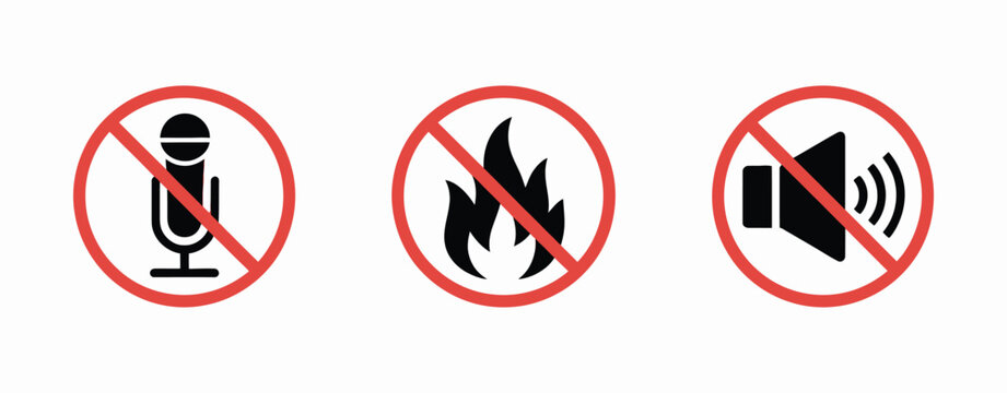 No fire flame sign icon, fire symbol, stop fire, escape from fire, red prohibition stop sign, vector art of no microphone, fire, and speaker icons isolated on white background.