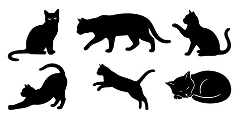 Black cat silhouettes set, vector collection of domestic feline poses including sitting, walking, playing, stretching and sleeping © Vladislav