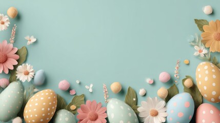 Colorful easter background with pastel easter eggs, spring flowers, and festive decorations, vector illustration for holiday greeting cards, seasonal celebration, and springtime design