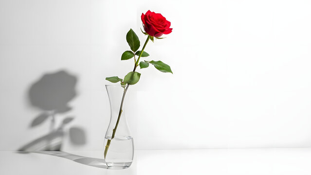 A single vibrant red rose in a clear glass vase casting a delicate shadow on a clean white background, symbolizing love and beauty