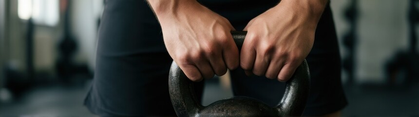 Someone is holding a kettlebell in their hands in a gym