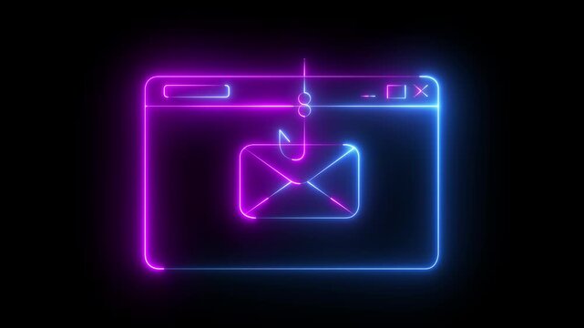 Neon Email Phishing Scam Icon Isolated on Black Background. Fishing hook stealing envelope from browser window. Concept of email phishing and email scams representing online fraud and cyber threats.