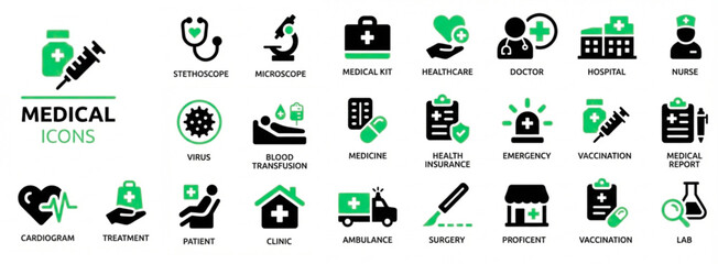 Medical silhouette vector icon set. Hospital solid icon set. Healthcare and Medical icon set. Includes symbols for Doctor, Hospital, Vaccination, and Telemedicine. Solid glyph vector icons. 