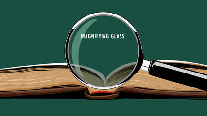Flat vector illustration of a magnifying glass on an open book with green background for research and education concepts with learning and study