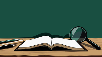 Flat vector scene of a researcher's desk with an open book magnifying glass and writing utensils on a wooden table against a green background for education and study