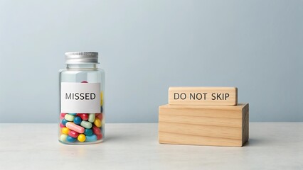 Medicine prescription bottle labeled 'MISSED', with wooden cubes spelling 'DO NOT SKIP' on modern table, adherence concept