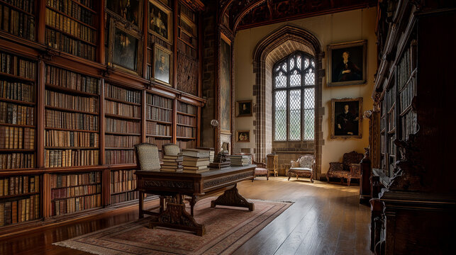 disequilibrium. Ancient family library with tall wooden bookshelves and stained glass window light. real-estate listings.
