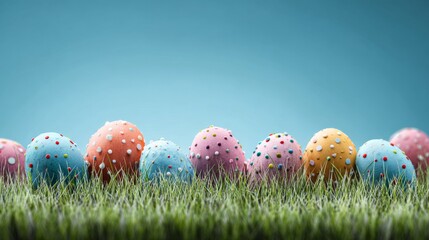Colorful easter eggs scattered on fresh green grass with soft sunlight and spring-themed festive background
