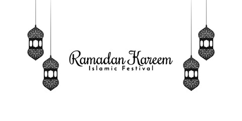 Ramadan Kareem Islamic Festival Banner with Hanging Lanterns on White Background
