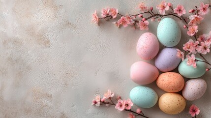 Colorful easter eggs nestled among spring flowers on a soft pastel textured background for festive holiday decoration and seasonal celebration