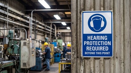 Industrial workshop with workers operating heavy machinery and a visible safety sign requiring hearing protection