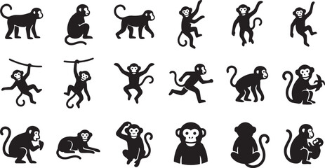 Obraz premium A comprehensive collection of diverse black silhouette monkey illustrations, showcasing various primates in dynamic poses and actions suitable for vector graphics, animal-themed designs, and icon sets