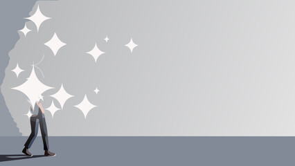Flat vector illustration of a man walking towards sparkles and gleam symbols on a wall in a modern gray background with business concept and idea and inspiration