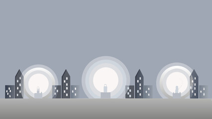 Glowing city skyline with modern buildings and clean energy concept at dusk or night with urban and landscape and architecture and illustration