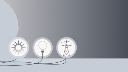 Minimal flat illustration of renewable energy symbols connected by wires on a grey background representing sustainable power generation with minimal illustration
